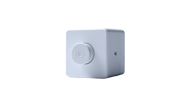 White rotary dimmer switch, wall mounted, close-up, clean background, home automation
