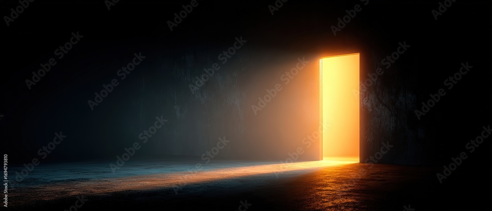 Poster Mysterious glowing door illuminated with warm light opening into darkness creating a surreal and intriguing atmosphere 3D rende