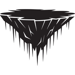 Vector art of stylized black silhouette of a floating island with sharp iciclelike formations hanging from the underside