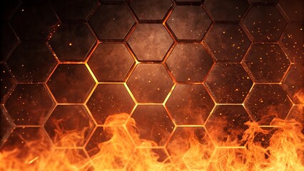 Abstract fiery honeycomb structure with illuminated hexagonal cells and realistic glowing flames rising upwards in a darkened background