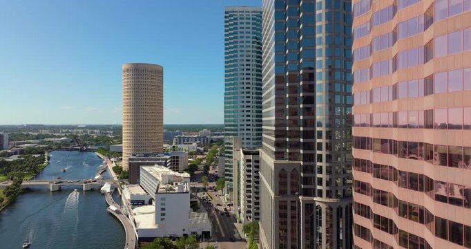 Tampa, Florida, USA. Aerial view of American downtown financial district. High commercial bank skyscraper buildings in contemporary US city.