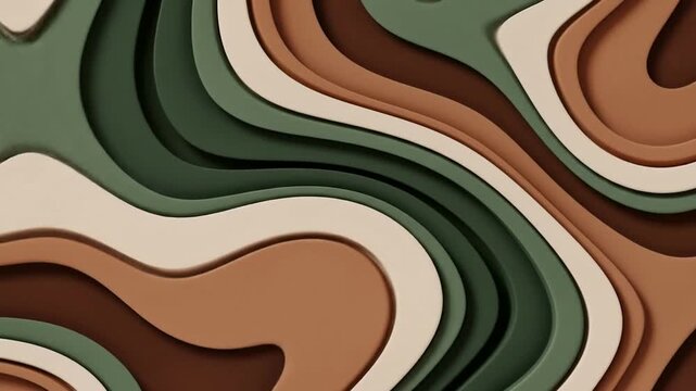 Abstract wavy pattern with earthy tones and layered paper-cut effect, showcasing flowing organic shapes in green, brown, and beige.