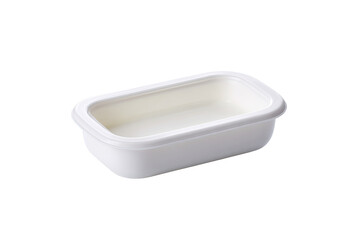 White rectangular food container, studio shot, clean background, food storage