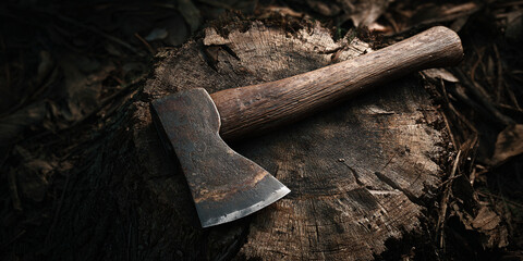 Rustic axe placed on wooden log - AI generated