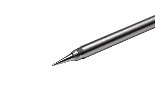 Close-up of a metallic, tapered tool.  The tip is pointed and slightly conical.  The shaft is cylindrical and reflective