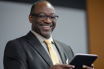 Smiling Professional with Tablet Portrait of Happy Mature Businessman in Suit and Glasses