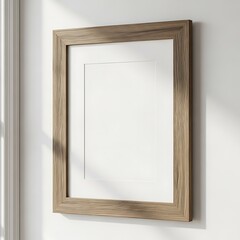 A light beige wooden picture frame, rectangular in shape, hangs on a white wall.
