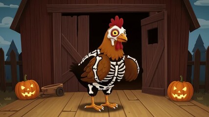 Halloween chicken in skeleton costume stands by barn with pumpkins - Powered by Adobe