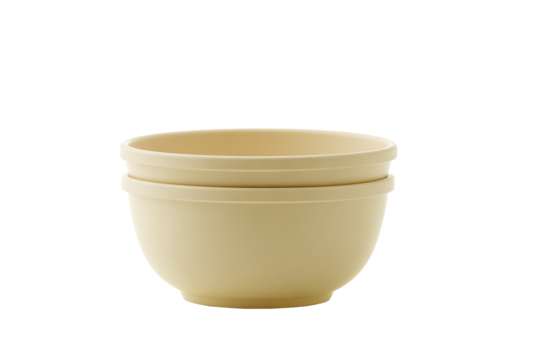 Two light beige/cream-colored bowls stacked vertically.  They are simple, rounded, and shallow