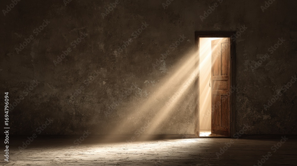 Poster sunlight streaming through a small open door into a dark empty room creating a bright beam of light 