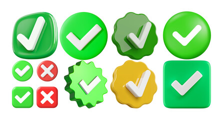 transparent Set of Green Check mark symbol 3d icon illustration, verified, approve symbol isolated...