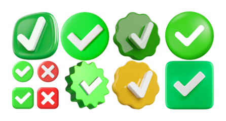 transparent Set of Green Check mark symbol 3d icon illustration, verified, approve symbol isolated on transparent background. Check mark icon in a circle frame. Confirmation symbol