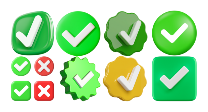 transparent Set of Green Check mark symbol 3d icon illustration, verified, approve symbol isolated on transparent background. Check mark icon in a circle frame. Confirmation symbol