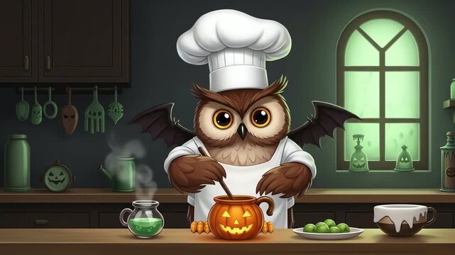 Halloween owl chef in a kitchen making a potion in a pumpkin