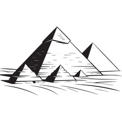 Vector art of stylized black and white illustration of the pyramids of giza, ancient egyptian landmarks