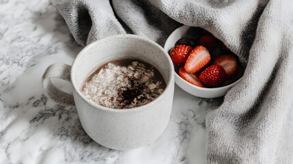 breakfast setup with oatmeal and berries, napkin frame, empty middle, top view 