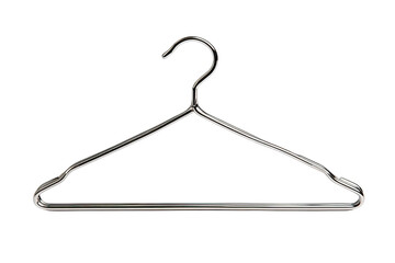 Chrome clothes hanger, studio shot, black background, retail