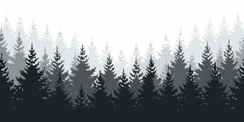 Monochromatic silhouette of a dense forest of evergreen pine trees in varying shades of gray