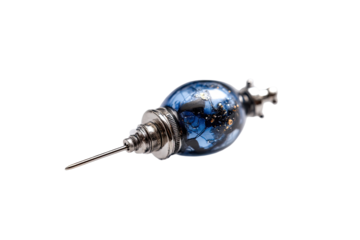 Oval, dark blue glass object with metallic accents.  Small, pointed metal tip