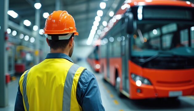 Construction worker in orange helmet, yellow safety vest inspects modern bus inside large workshop. Professional labor man checks vehicle maintenance. Factory environment with machinery, efficient