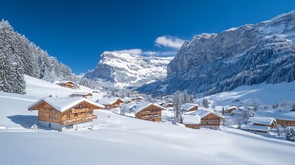 Snowy Mountain Village with Chalets on a Sunny Winter Day with Blue Sky