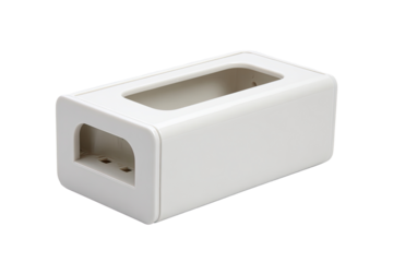 White plastic wall-mounted cable box, tidy wires, home office background