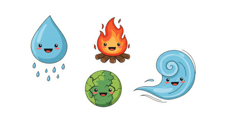 Fototapeta premium Cute Elements Representing Earth, Fire, Water, and Air in a Kawaii Style