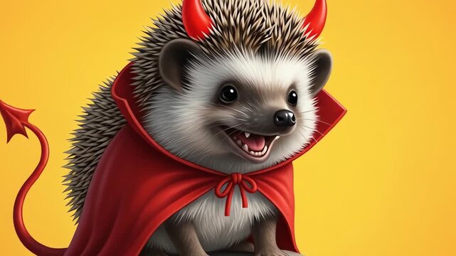 Hedgehog in devil costume with horns and tail