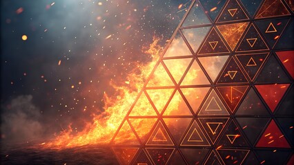 A striking artistic representation of a geometric triangular grid engulfed by fiery flames and abstract effects
