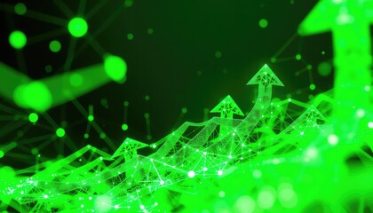 Green glowing digital network with arrows pointing upward representing growth and connection