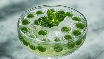Deconstructed mojito with green liquid spheres and mint atop crushed ice