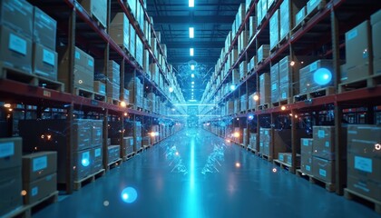 AI system analyzes warehouse data for supply chain risk management. Futuristic logistic platform predicts global disruptions, natural disasters, supply issues. High quality image shows organized