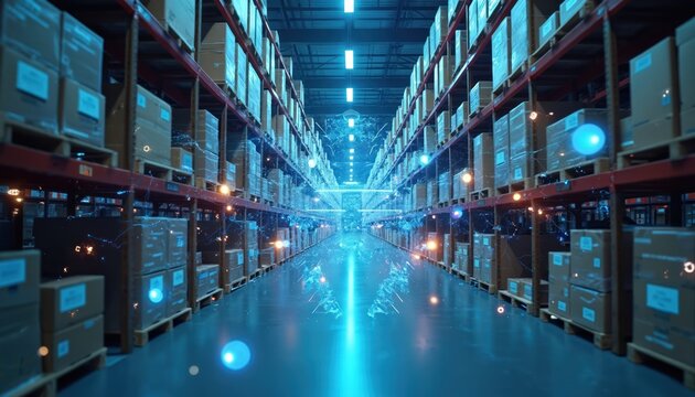 AI system analyzes warehouse data for supply chain risk management. Futuristic logistic platform predicts global disruptions, natural disasters, supply issues. High quality image shows organized