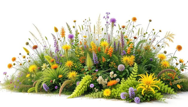 Fototapeta Lush display of wild flowers and grasses against a white backdrop, perfect for spring and summer themes