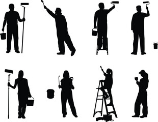 Painting silhouettes, home improvement, renovation work, ladder pose, brush action, roller tool, DIY project, artistic labor, wall painting