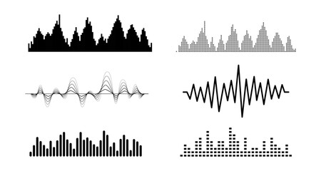 Set of minimalist soundwave and skyline patterns in black and white designs