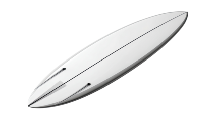 A top-down view of a white surfboard.  It's smooth and sleek, with a single, central, light-gray line running its length.  Small, dark attachments are visible near the tail