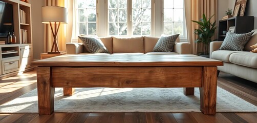 Rustic wooden coffee table with etched detail in a sunlit living room, wood, stock photo