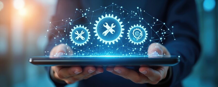 Hands hold tablet displaying glowing digital network with gears and tools. Represents computer software maintenance, repair services, IT support, and technical assistance.