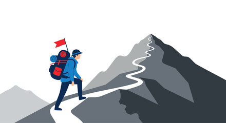 A lone hiker ascends a winding mountain path towards a peak, carrying a backpack and a small flag.