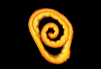 Fototapeta premium Golden brown butter curl, crisp edges, isolated on black, yummy, tasty