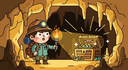 Young explorer discovers treasure chest in dark cave.