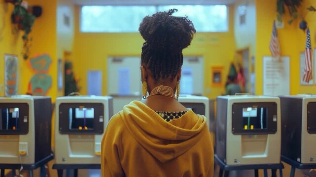 A person casting their ballot at a polling station, surrounded by voting machines