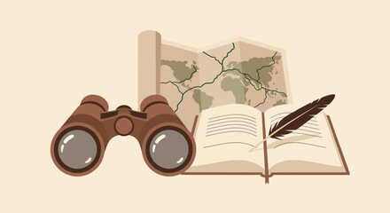 A vintage exploration and travel concept with binoculars, a world map, and a journal with a quill pen.