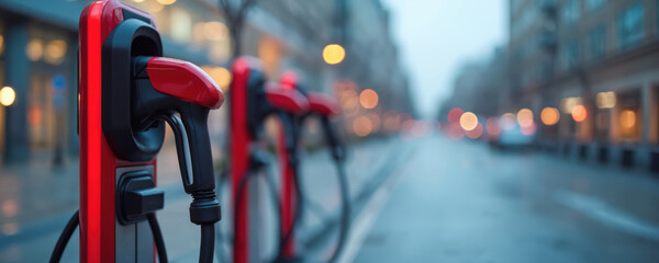 Electric vehicle charging stations in urban setting highlight sustainable future technology, clean energy. Wide-angle shot emphasizes green mobility infrastructure, innovation. Row of charging points