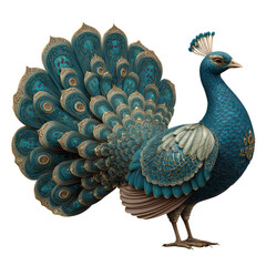 Exotic peacock with ornate blue and gold feathers, displaying elegant plumage and intricate feather details, standing gracefully with proud and majestic expression
