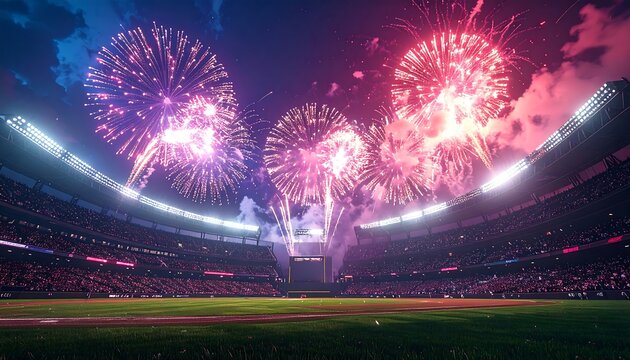 Fireworks explode over a packed stadium at night