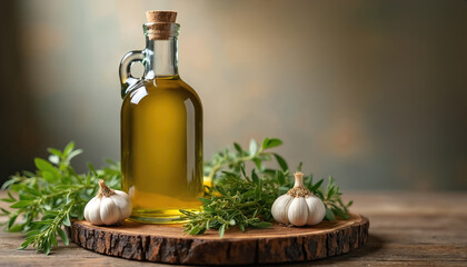 Bottle of infused olive oil with fresh garlic, herbs displayed on rustic wooden board. Aromatic seasoning for Mediterranean cuisine. Ingredients for homemade dressings, salads. Culinary preparation