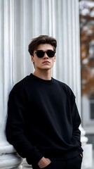 Stylish Man in Black Sweatshirt Leaning Against White Column Wearing Sunglasses Outdoor