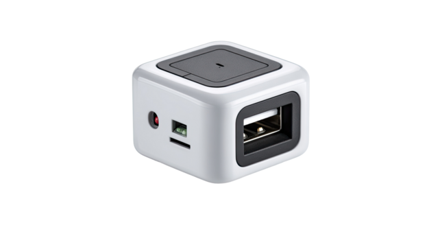 White cube USB hub charging near white background